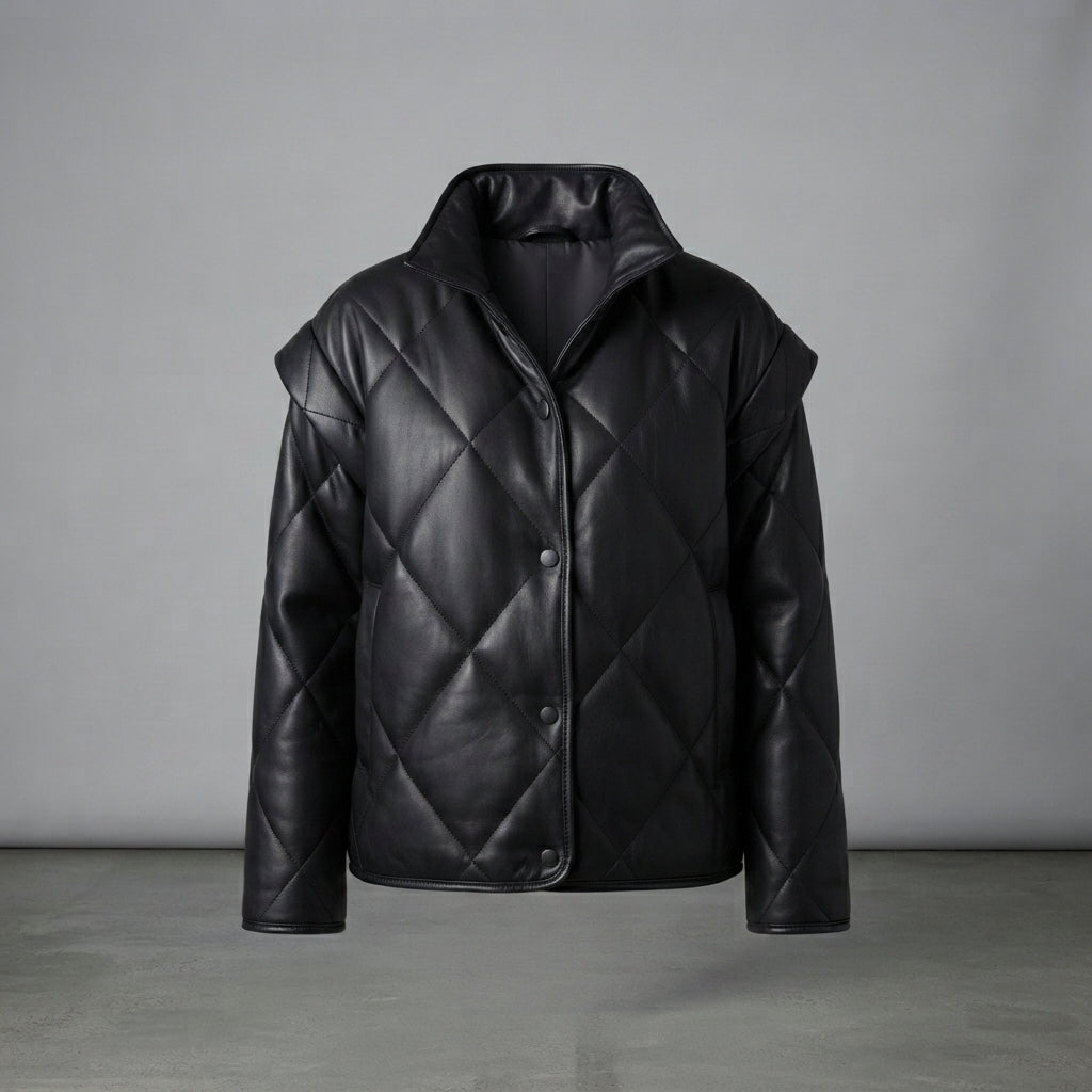 Women's Black Diamond-Quilted Leather Puffer Jacket