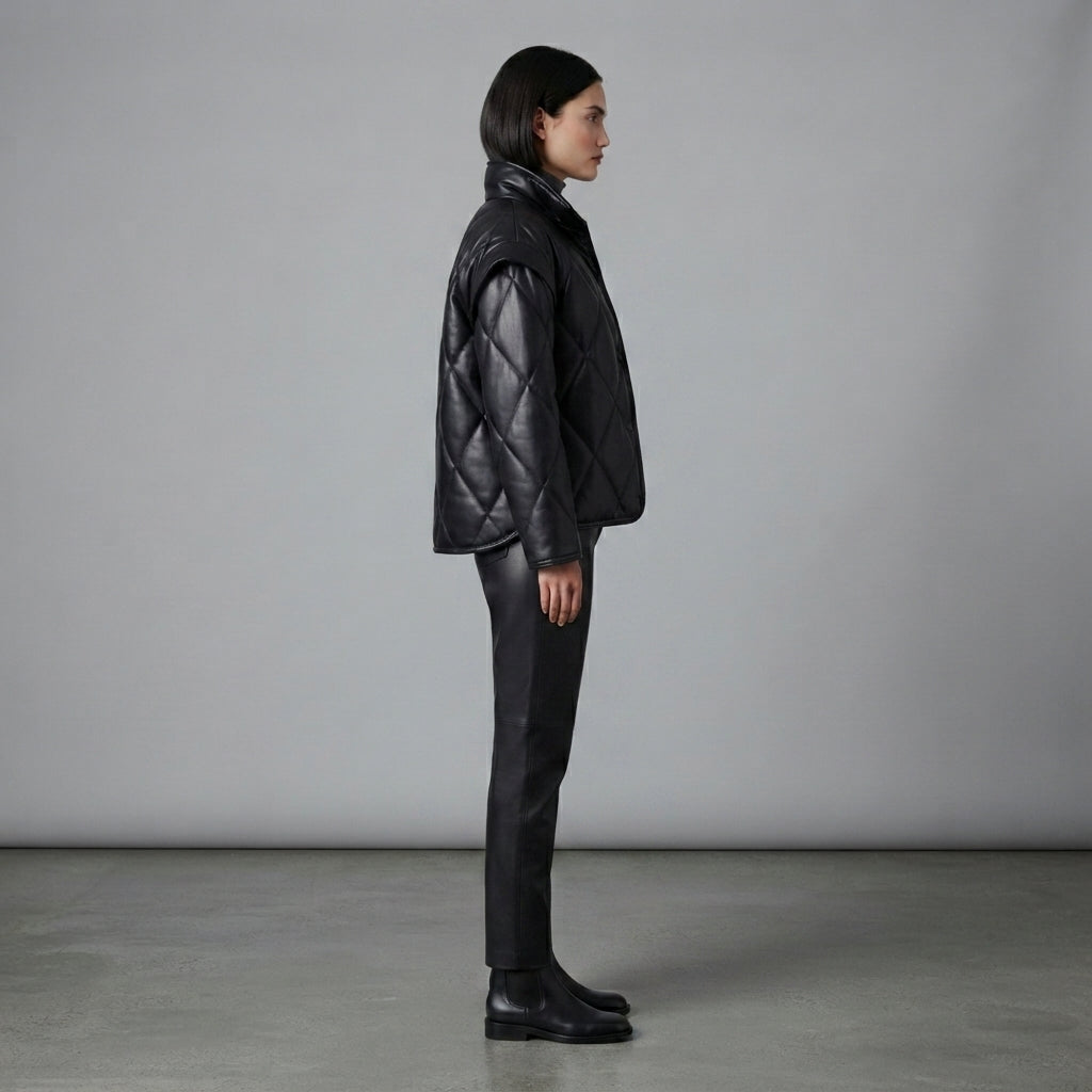Women's Black Diamond-Quilted Leather Puffer Jacket