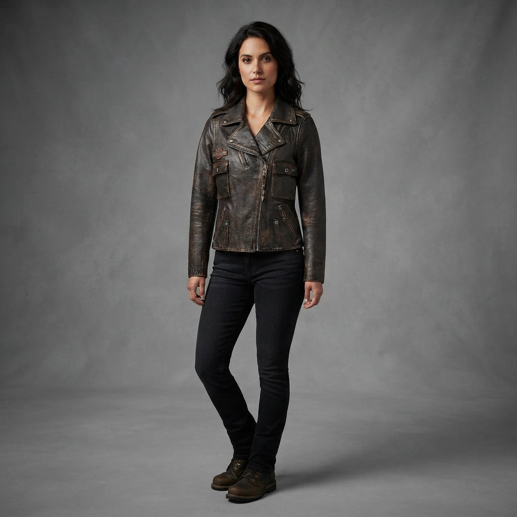 Women's Black Distressed Leather Biker Jacket
