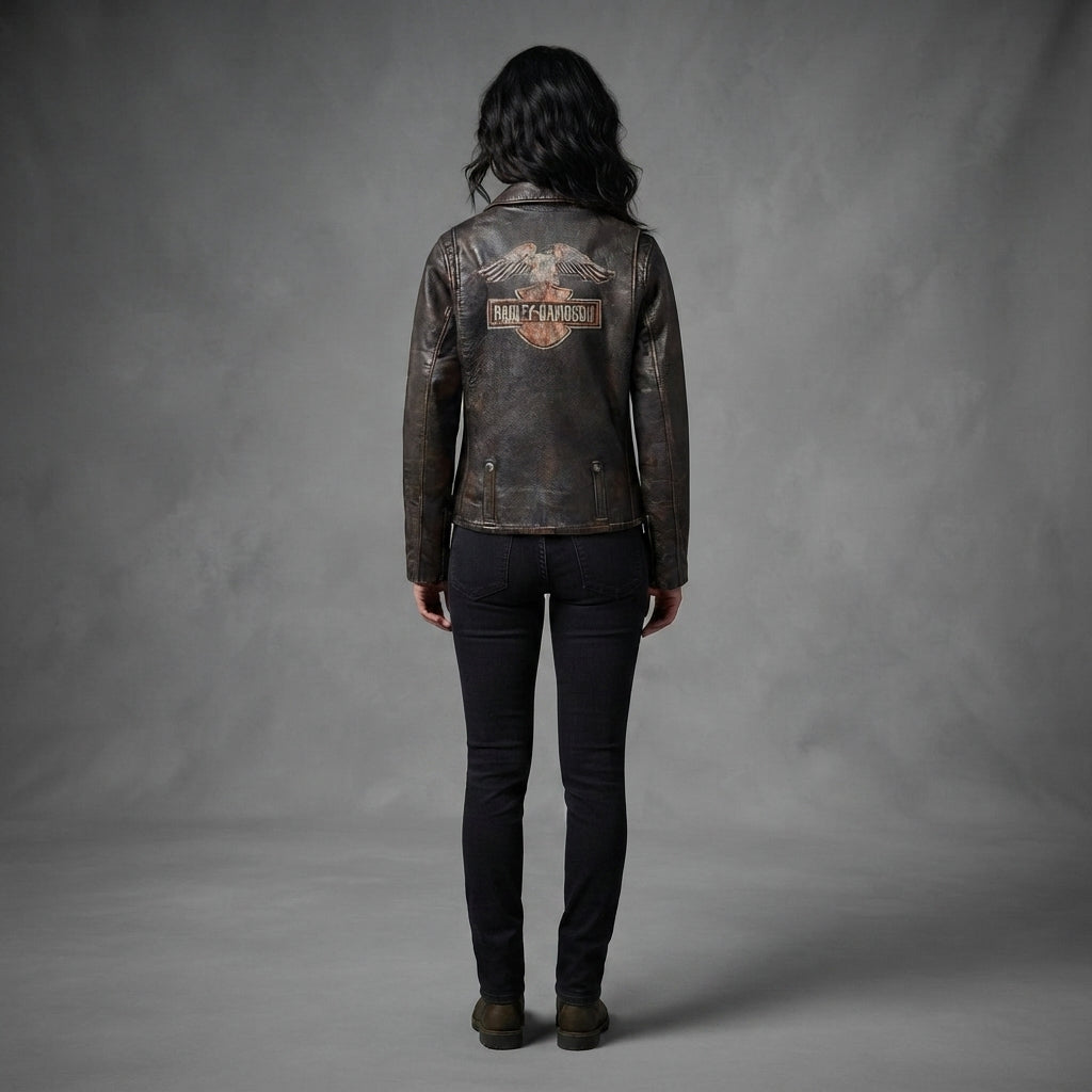 Women's Black Distressed Leather Biker Jacket