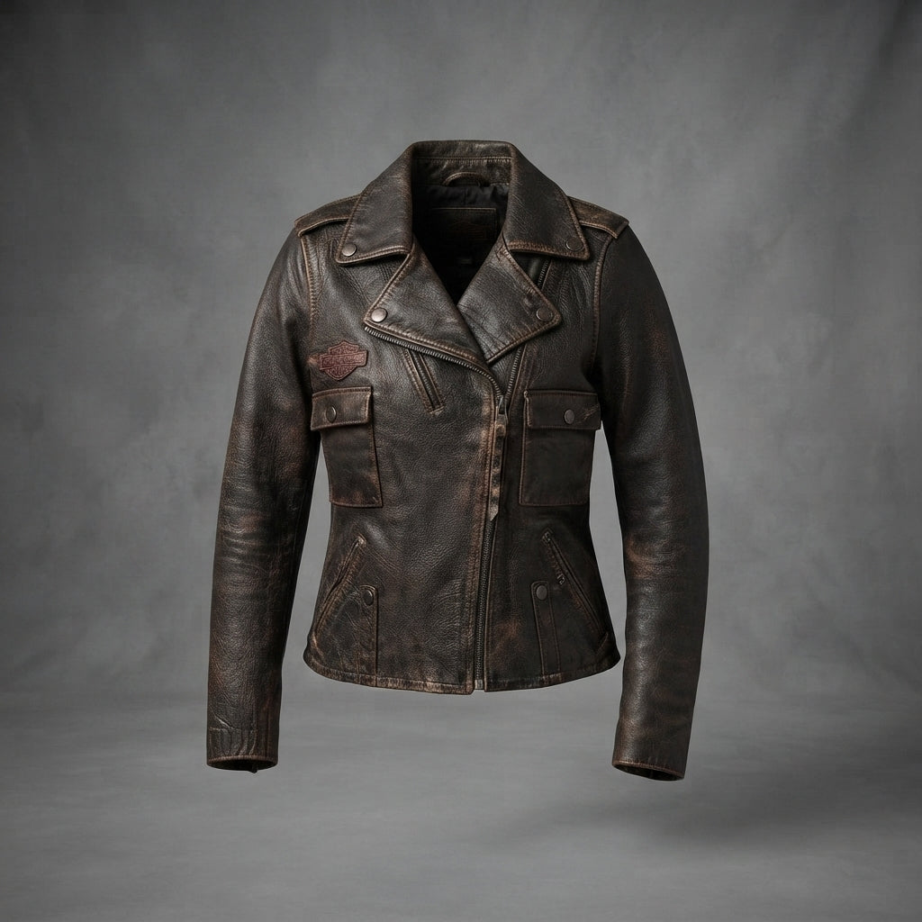 Women's Black Distressed Leather Biker Jacket