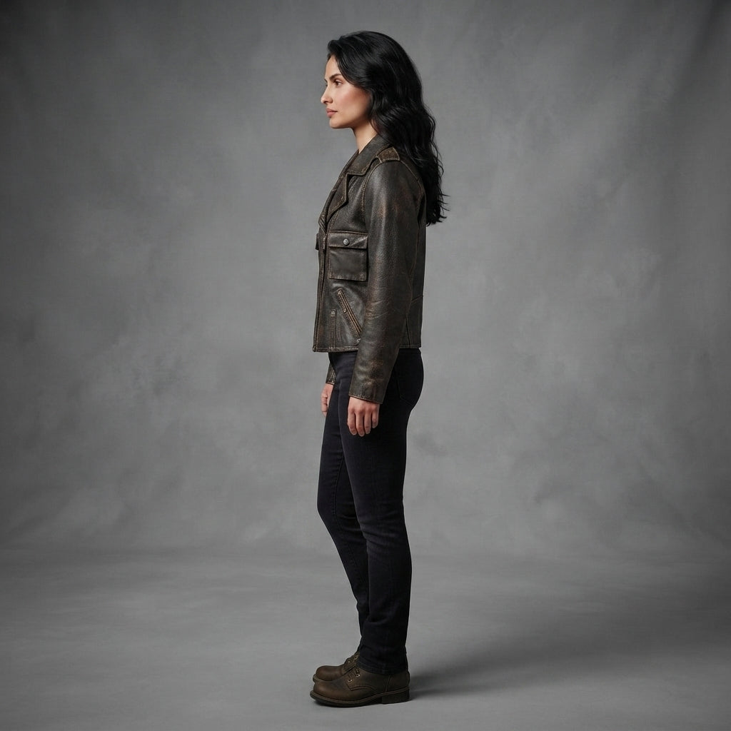 Women's Black Distressed Leather Biker Jacket