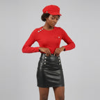 Women's Black Double-Button Leather Mini Skirt