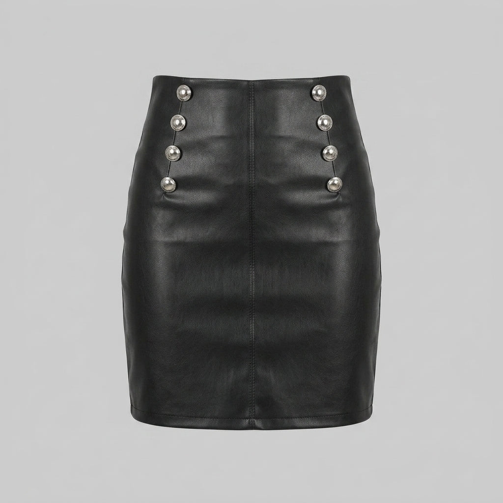 Women's Black Double-Button Leather Mini Skirt