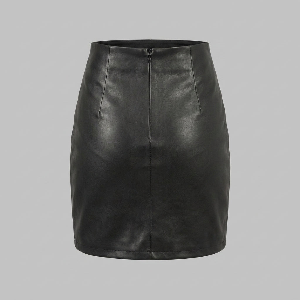 Women's Black Double-Button Leather Mini Skirt
