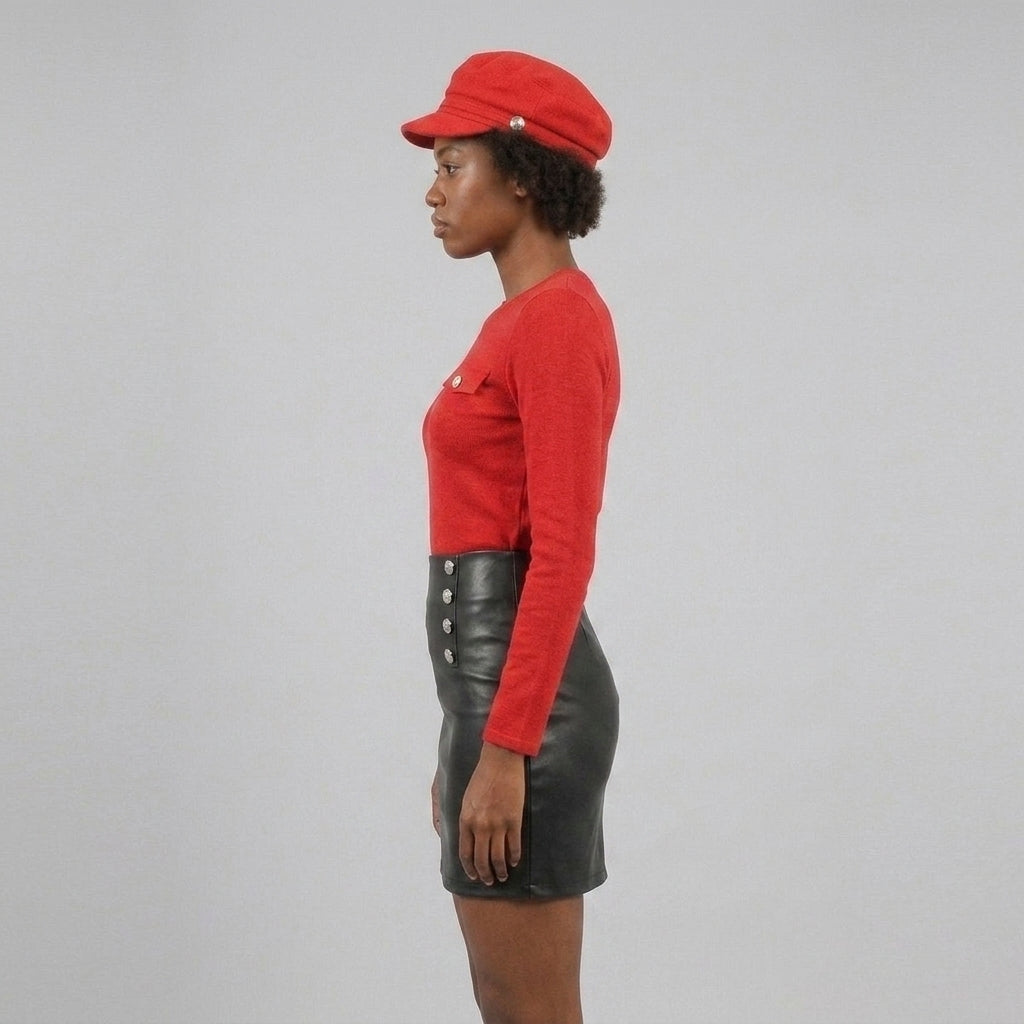 Women's Black Double-Button Leather Mini Skirt