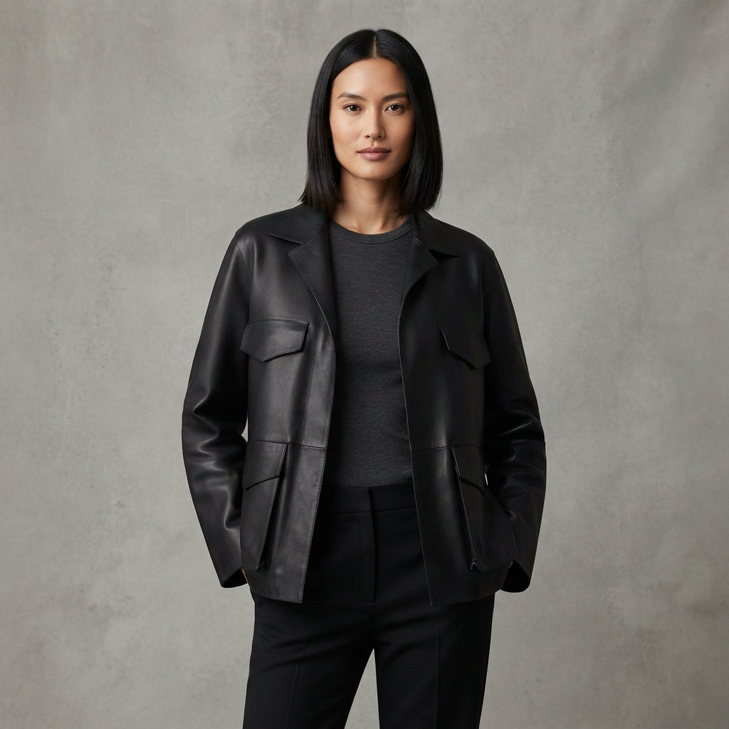 Women's Black Four-Pocket Leather Jacket