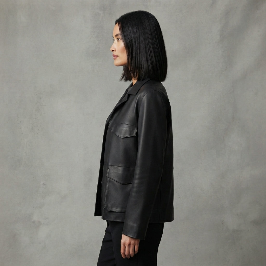 Women's Black Four-Pocket Leather Jacket