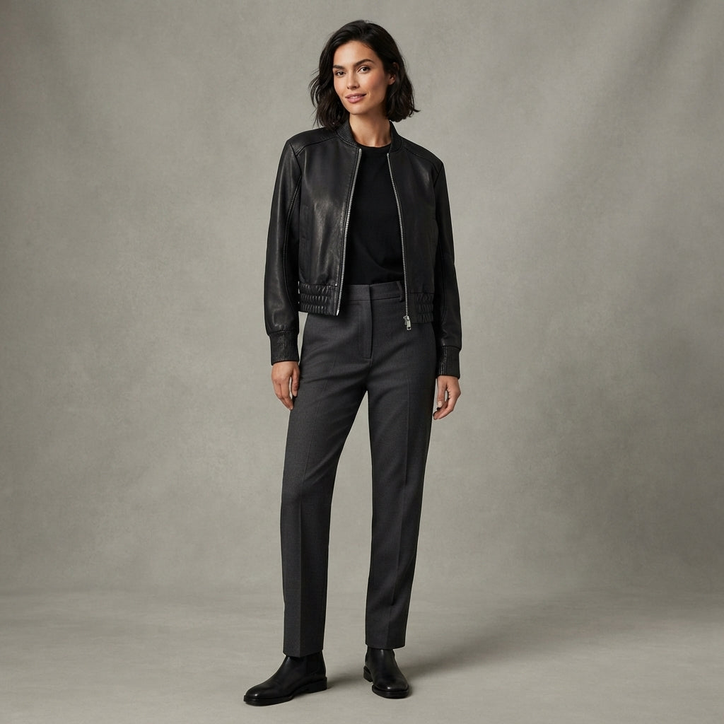 Women's Classic Black Leather Bomber Jacket