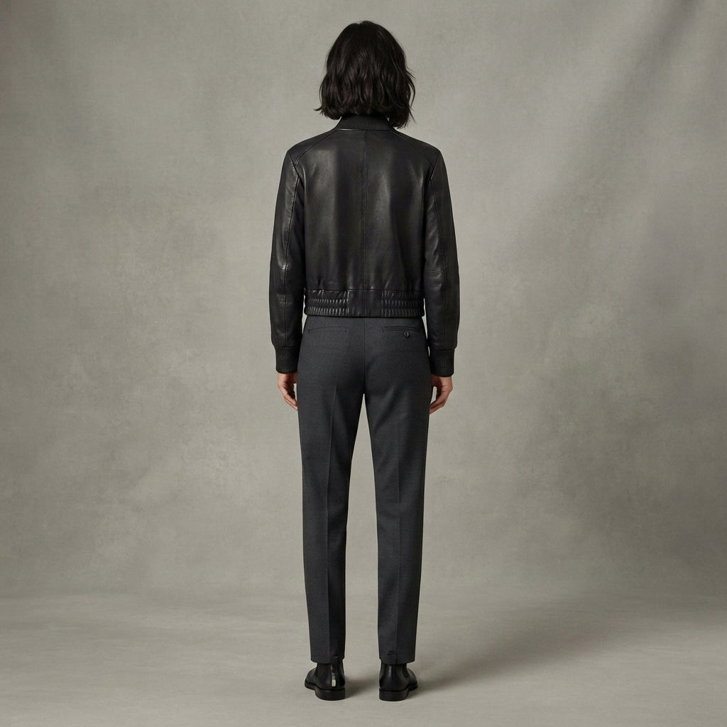 Women's Classic Black Leather Bomber Jacket