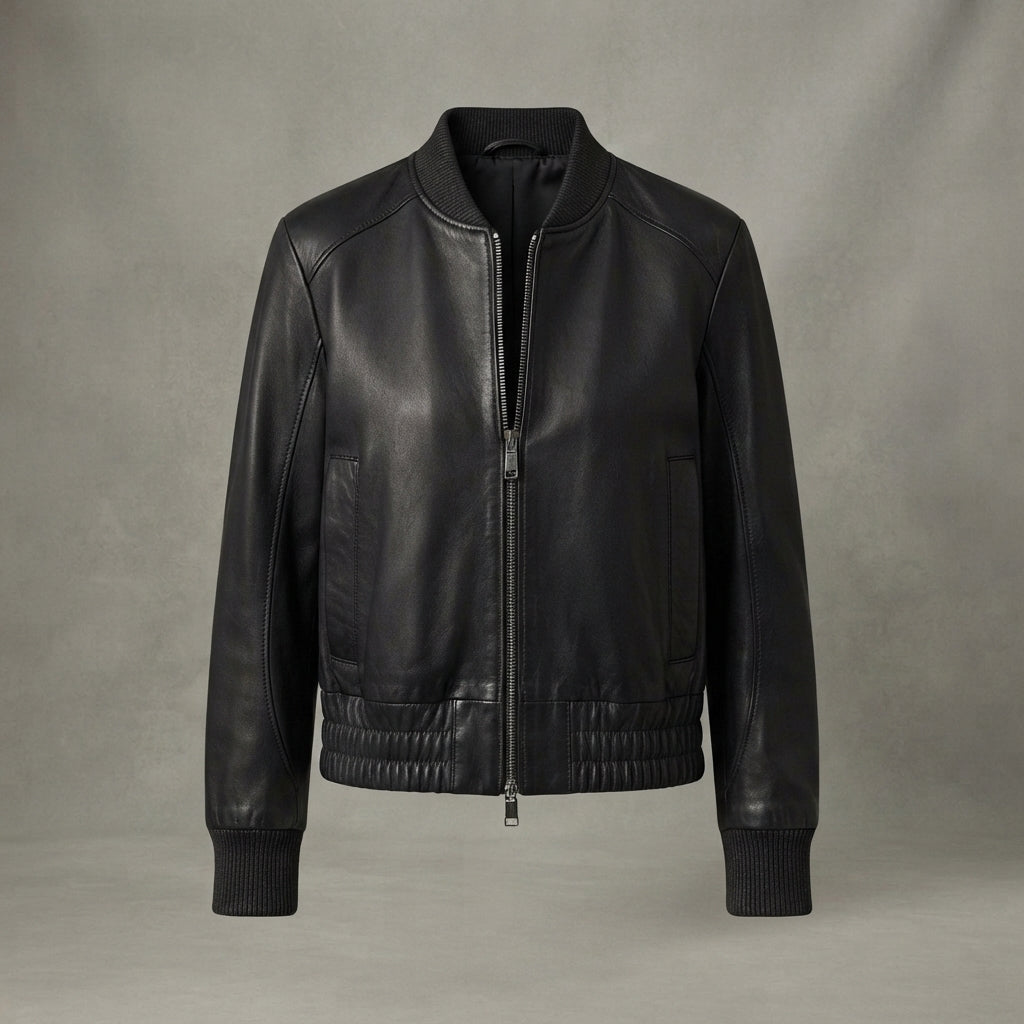 Women's Classic Black Leather Bomber Jacket