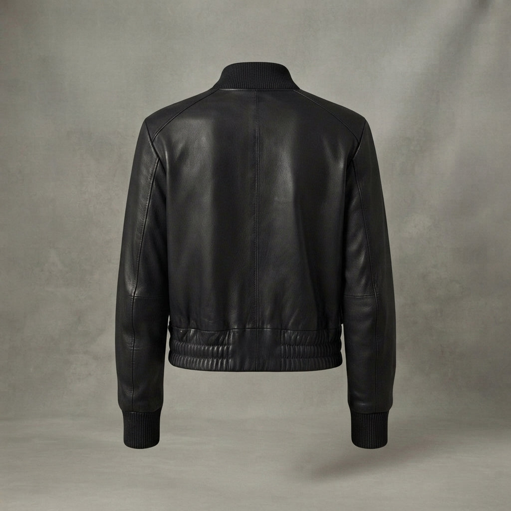 Women's Classic Black Leather Bomber Jacket