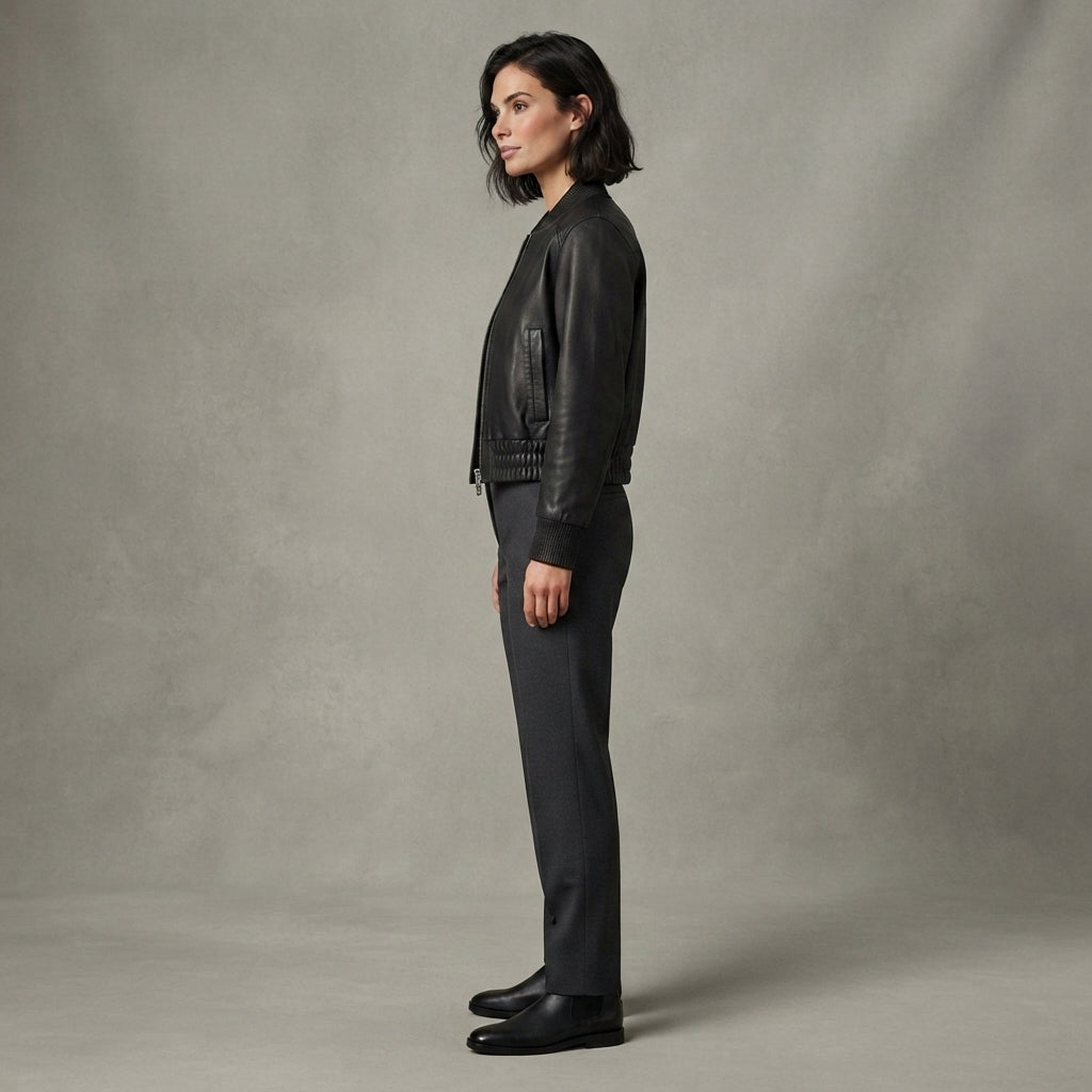 Women's Classic Black Leather Bomber Jacket