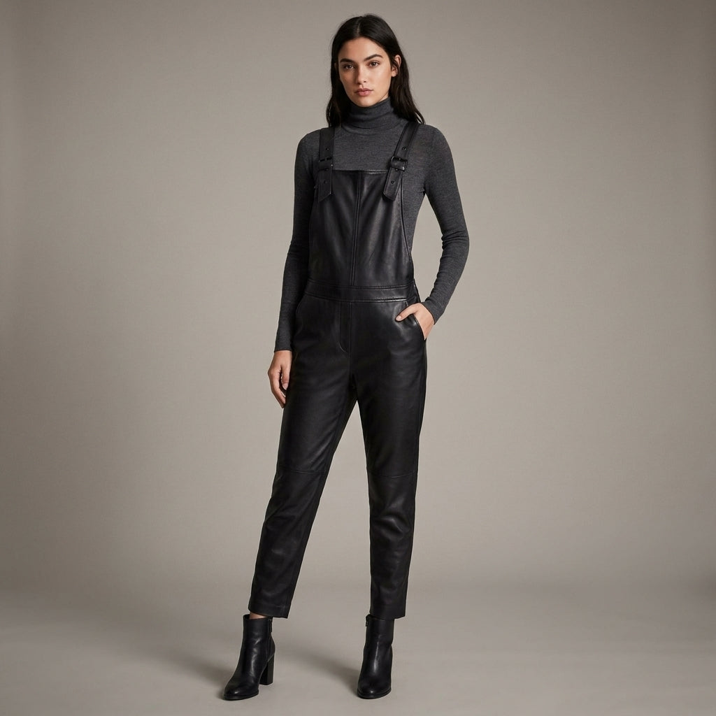 Women's Black Leather Buckle-Strap Romper