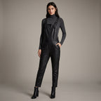 Women's Black Leather Buckle-Strap Romper