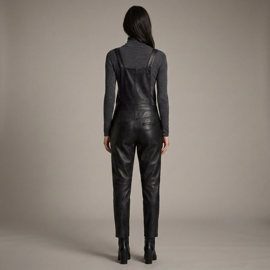Women's Black Leather Buckle-Strap Romper