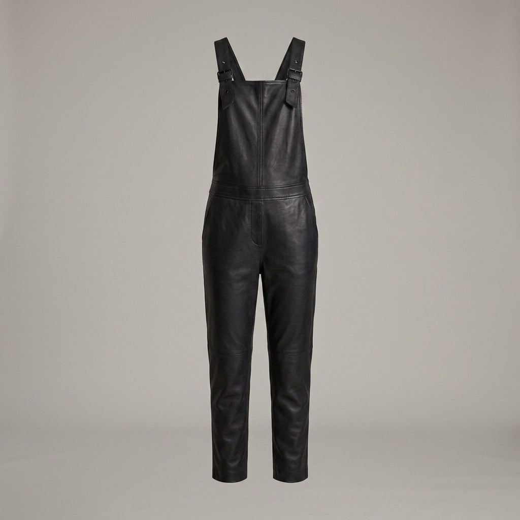 Women's Black Leather Buckle-Strap Romper
