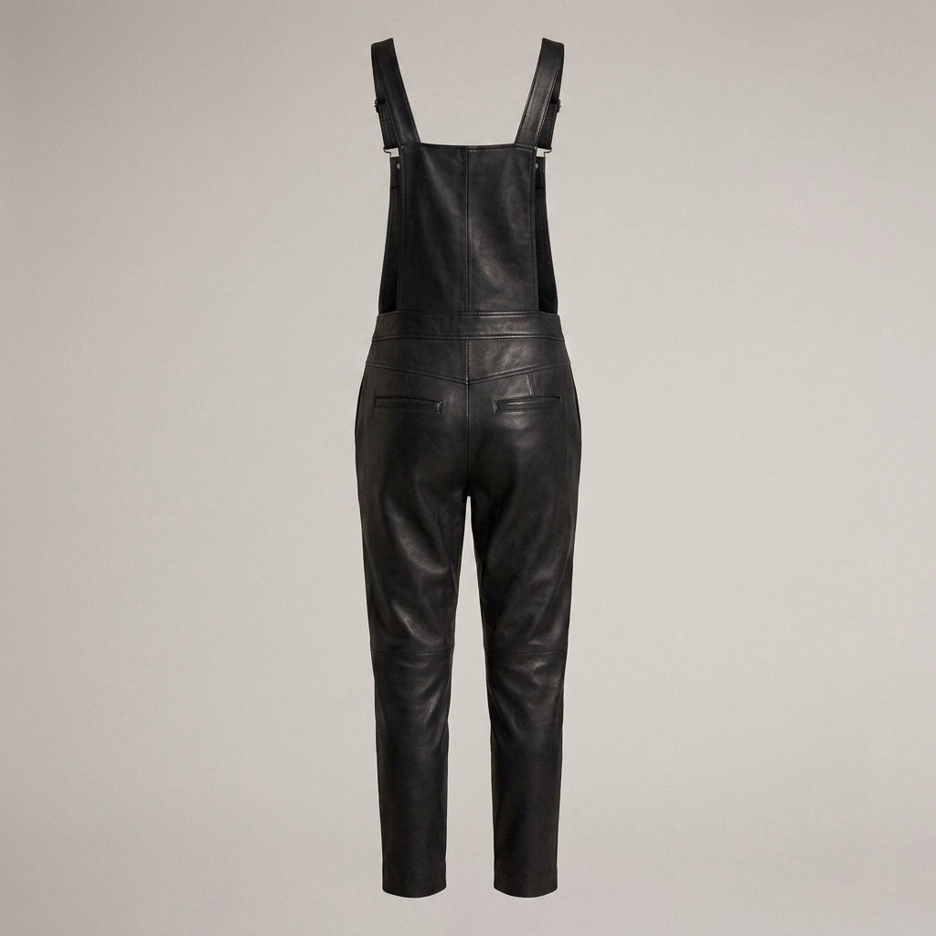 Women's Black Leather Buckle-Strap Romper