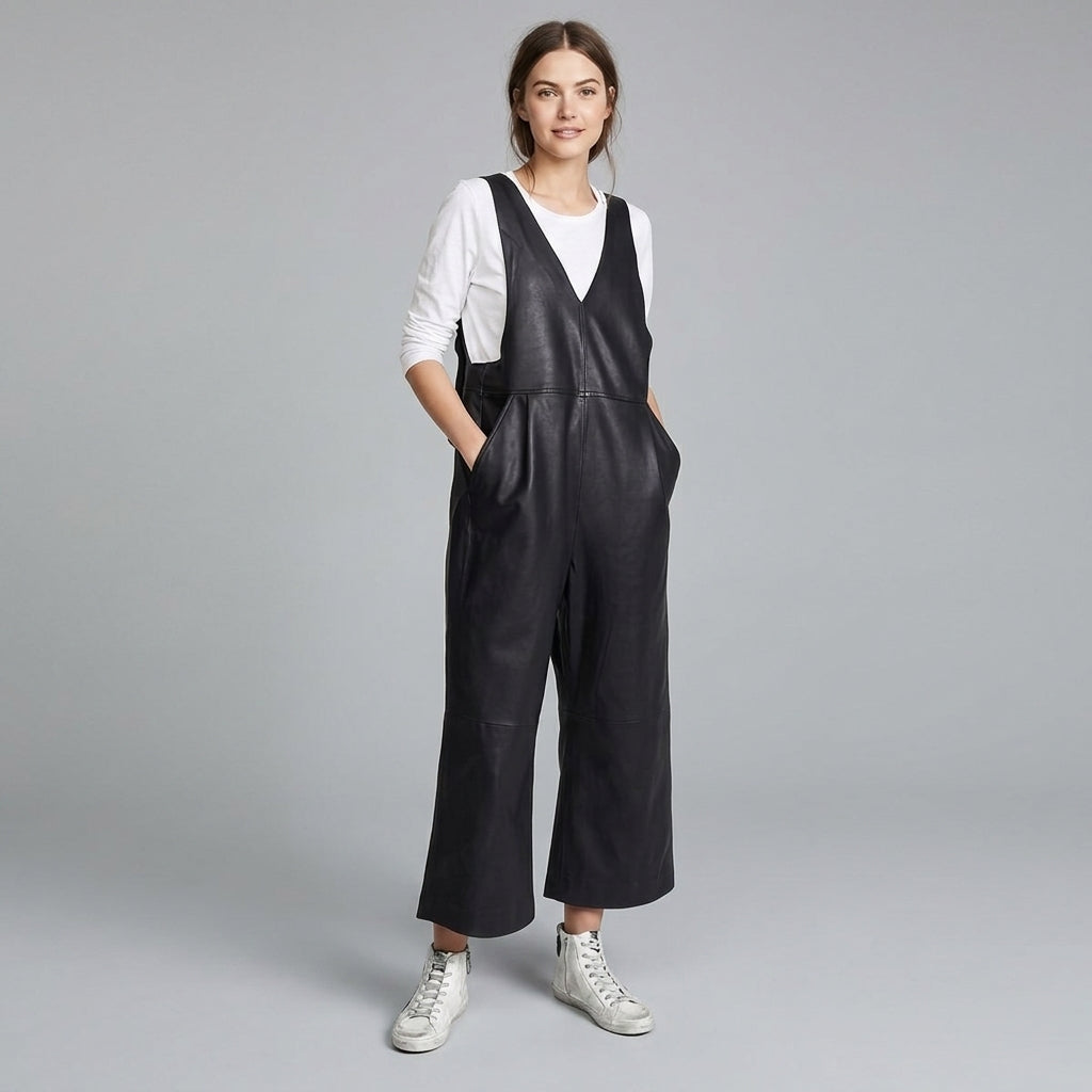 Black Leather V-Neck Romper for Women