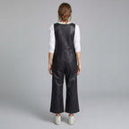 Black Leather V-Neck Romper for Women