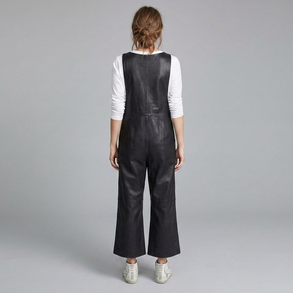 Black Leather V-Neck Romper for Women