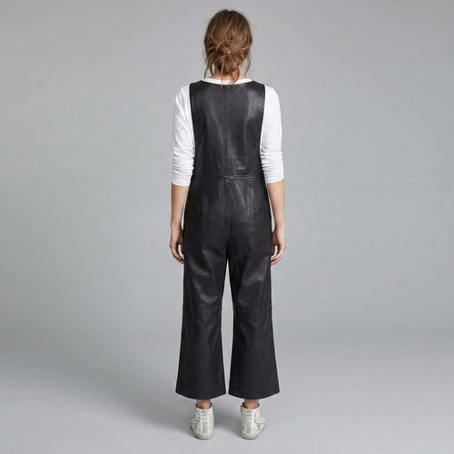 Black Leather V-Neck Romper for Women