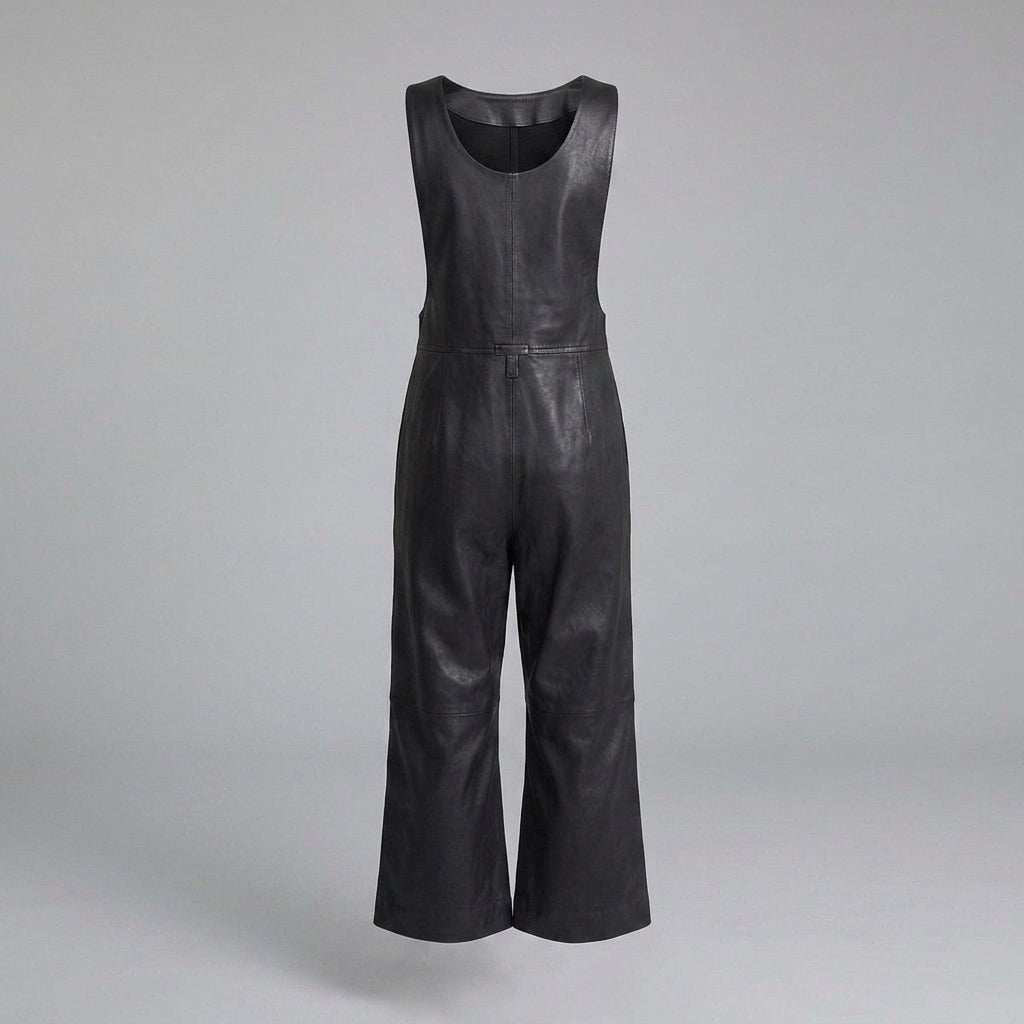 Black Leather V-Neck Romper for Women