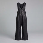 Black Leather V-Neck Romper for Women