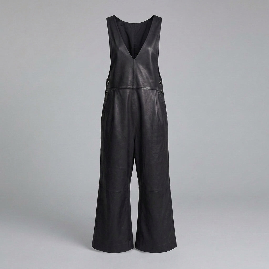 Black Leather V-Neck Romper for Women