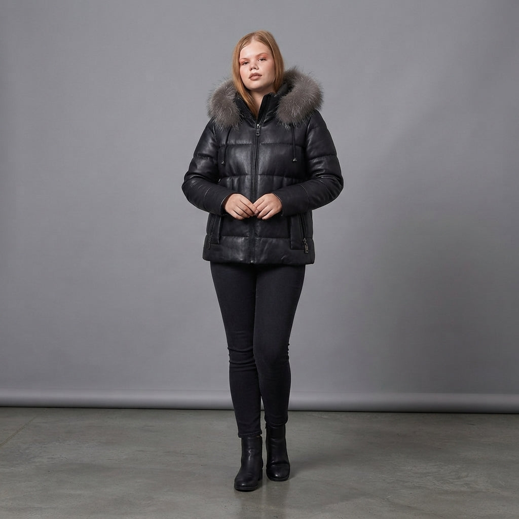 Women's Black Leather Fur-Hood Puffer Jacket