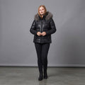 Women's Black Leather Fur-Hood Puffer Jacket
