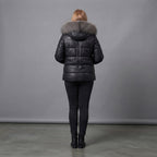 Women's Black Leather Fur-Hood Puffer Jacket