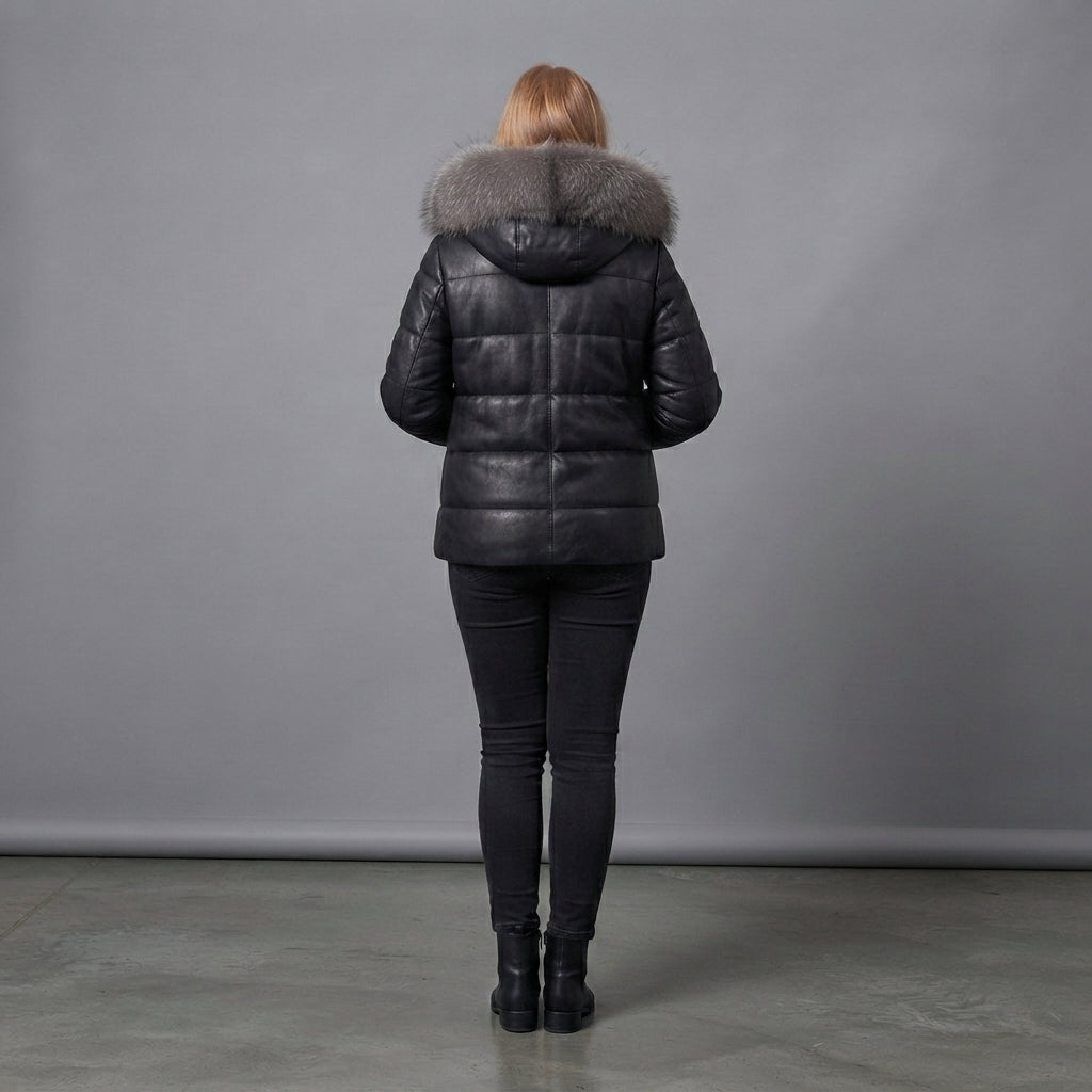 Women's Black Leather Fur-Hood Puffer Jacket