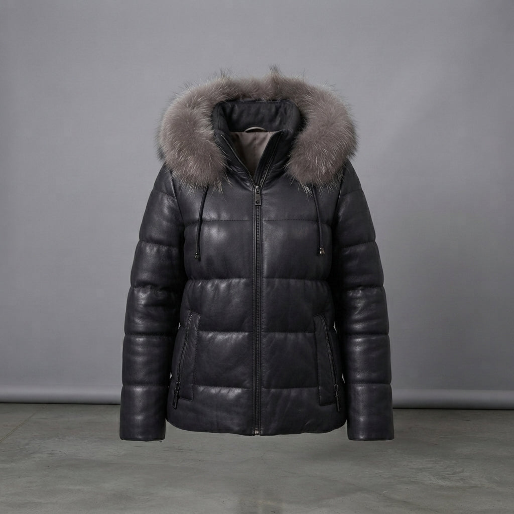 Women's Black Leather Fur-Hood Puffer Jacket