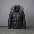 Women's Black Leather Fur-Hood Puffer Jacket