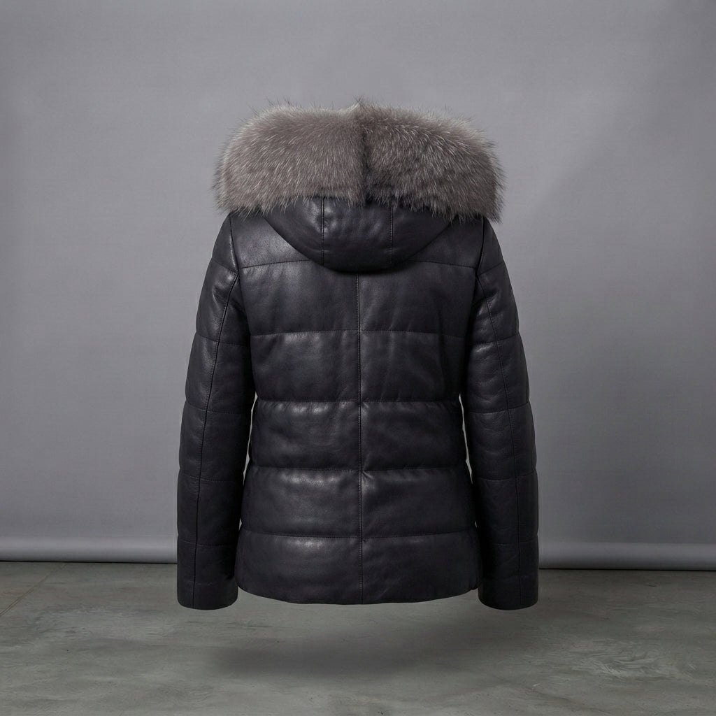 Women's Black Leather Fur-Hood Puffer Jacket