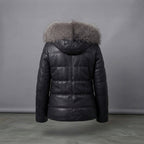 Women's Black Leather Fur-Hood Puffer Jacket