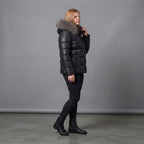 Women's Black Leather Fur-Hood Puffer Jacket