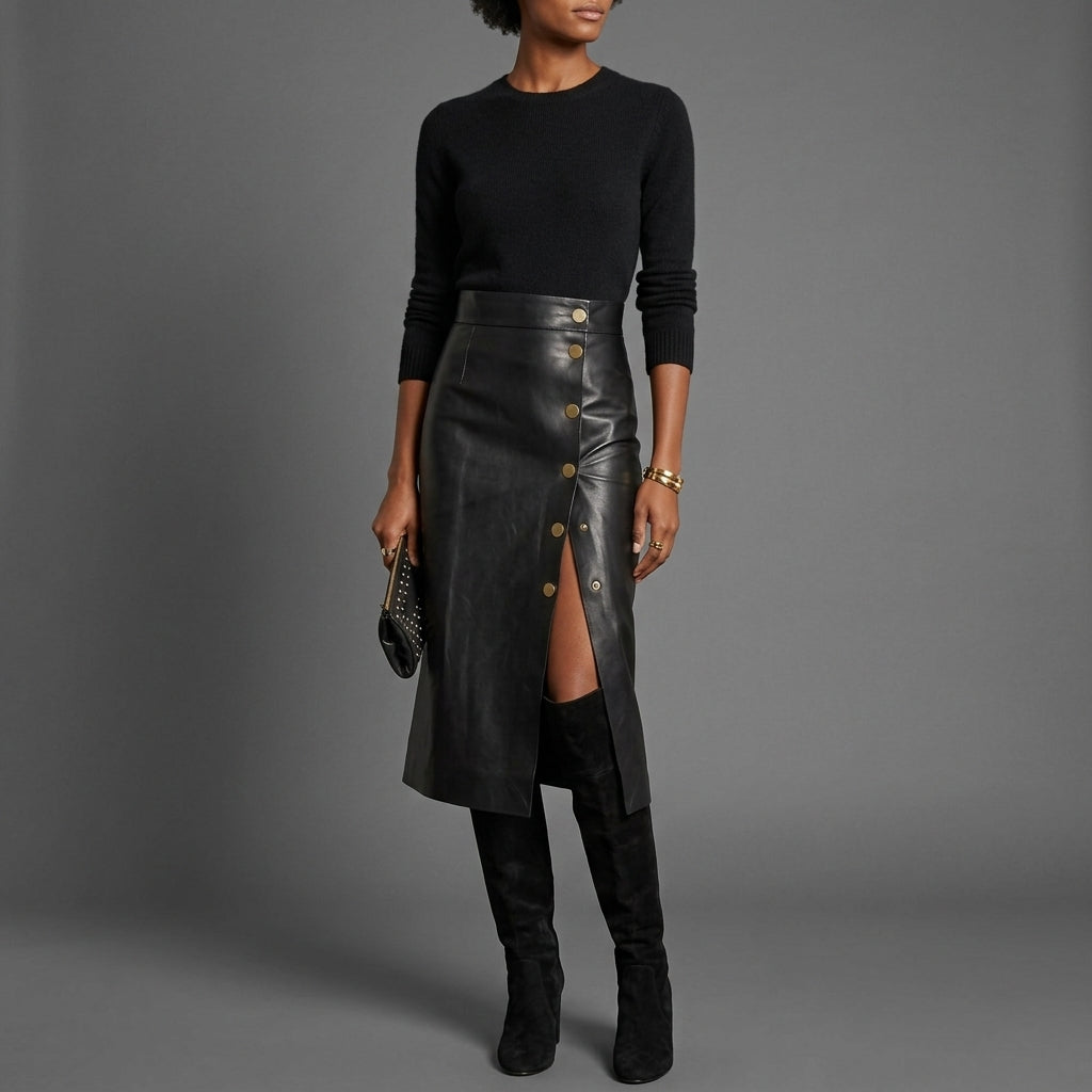 Women's Black Leather Midi Skirt