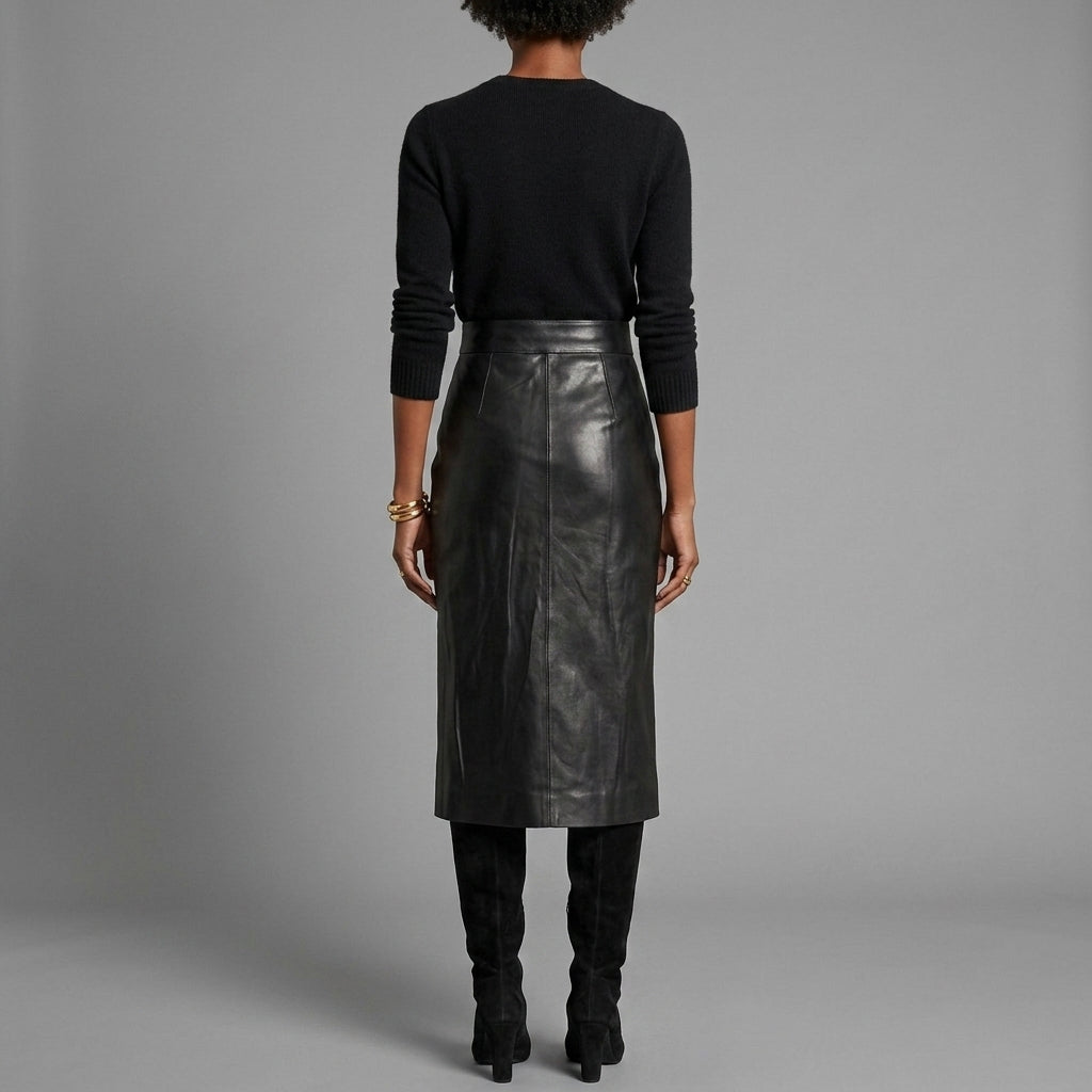 Women's Black Leather Midi Skirt