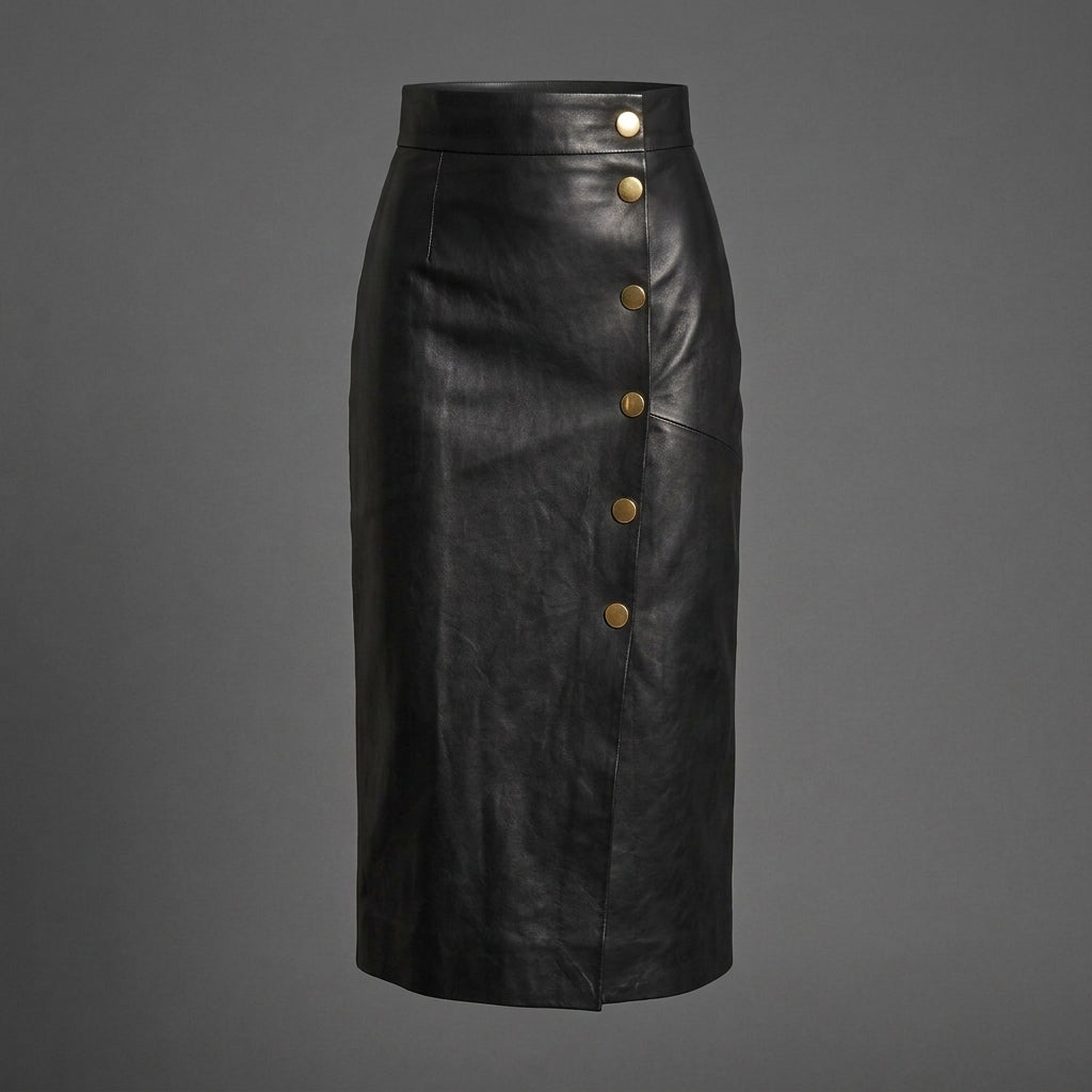 Women's Black Leather Midi Skirt