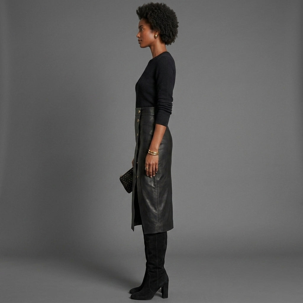 Women's Black Leather Midi Skirt