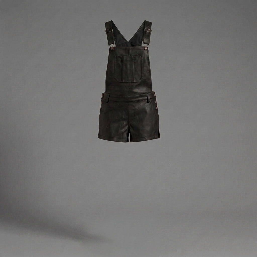 Black Leather Shortall Romper for Women