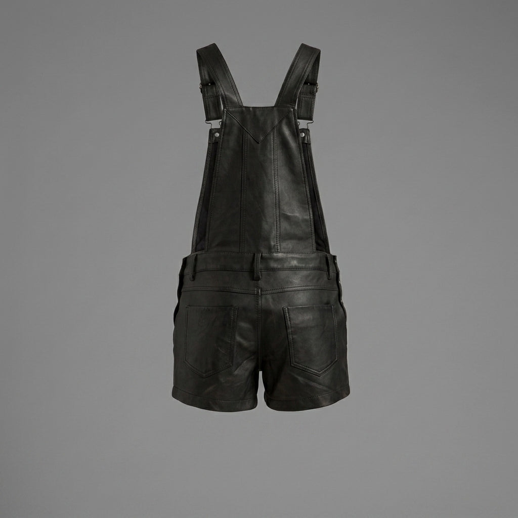 Black Leather Shortall Romper for Women