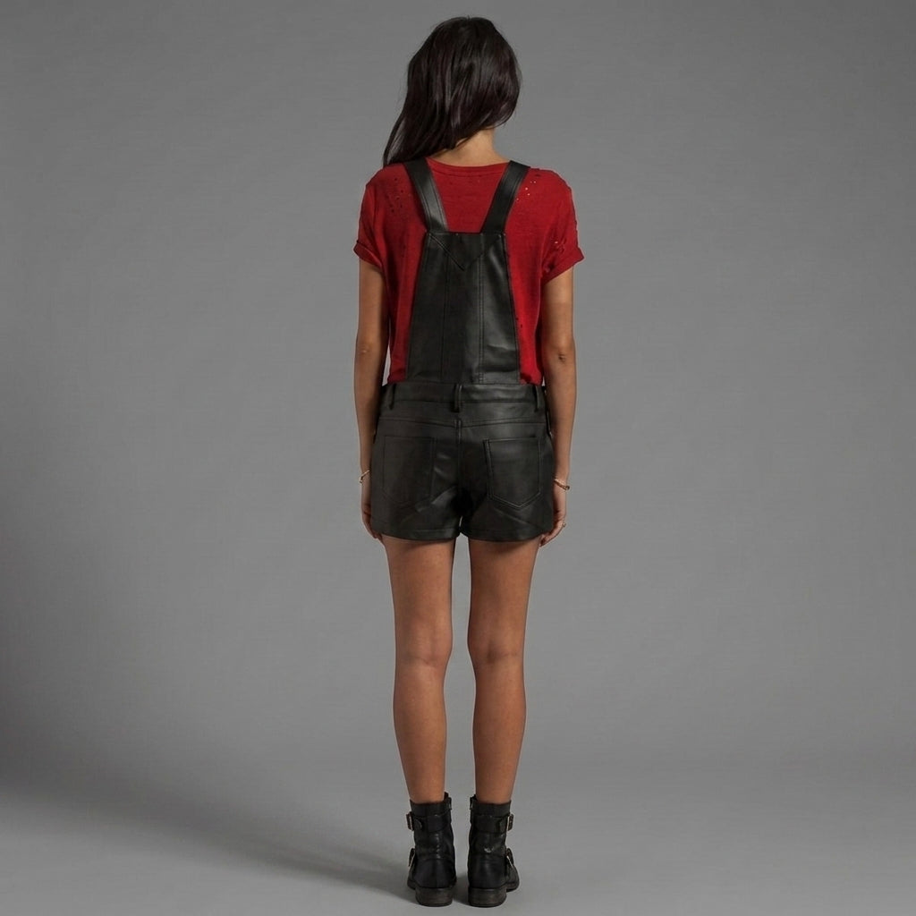 Black Leather Shortall Romper for Women