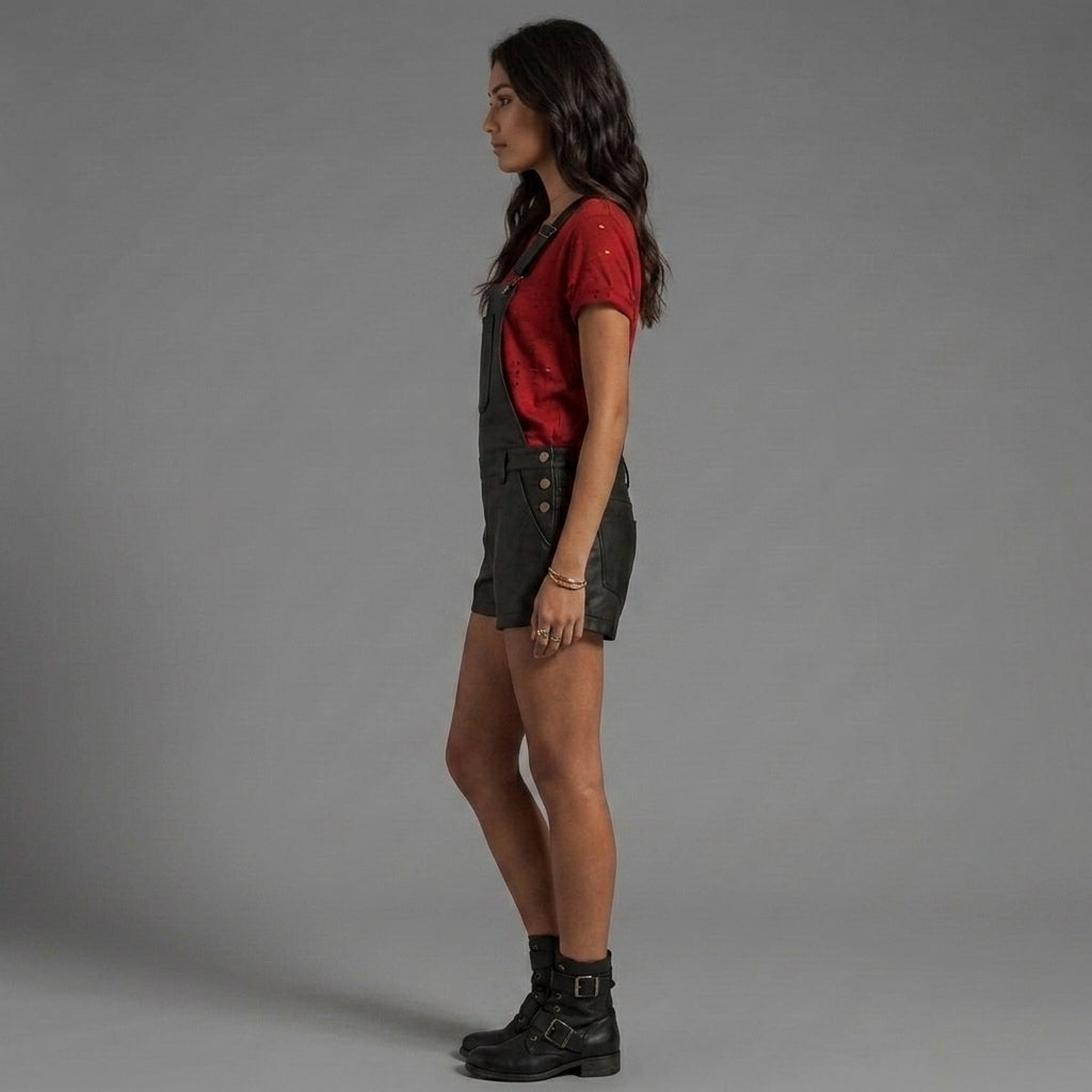 Black Leather Shortall Romper for Women