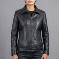 Women's Black Moto Leather Jacket with Shoulder Stitching