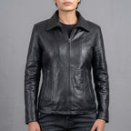 Women's Black Moto Leather Jacket with Shoulder Stitching