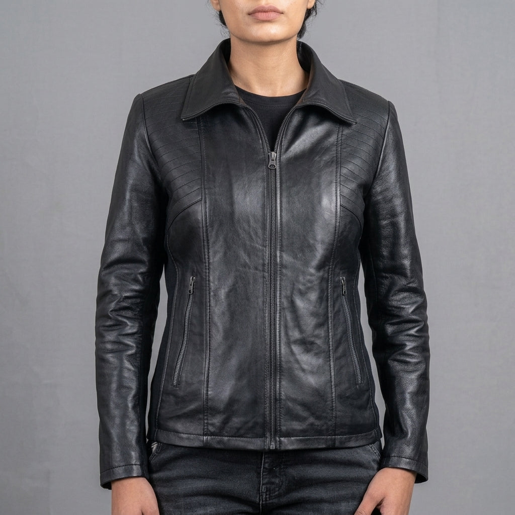 Women's Black Moto Leather Jacket with Shoulder Stitching