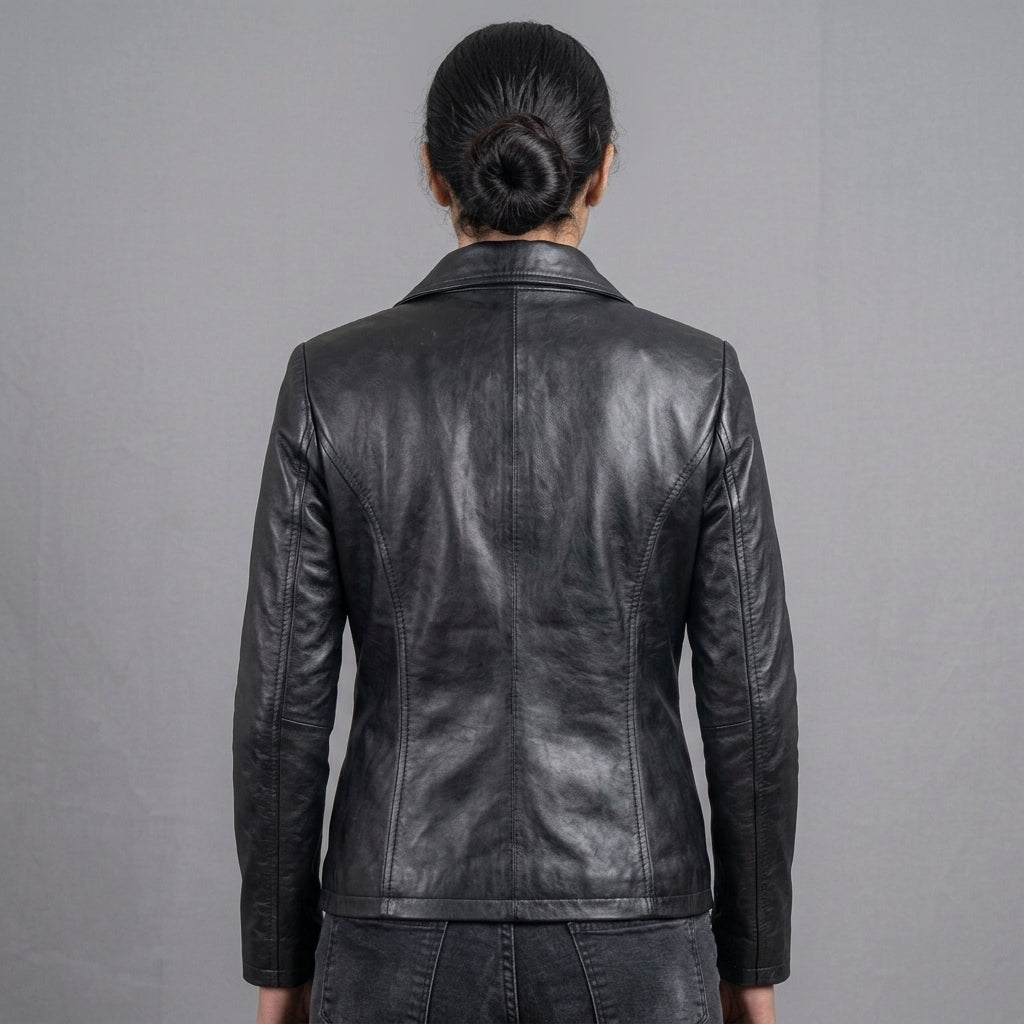 Women's Black Moto Leather Jacket with Shoulder Stitching